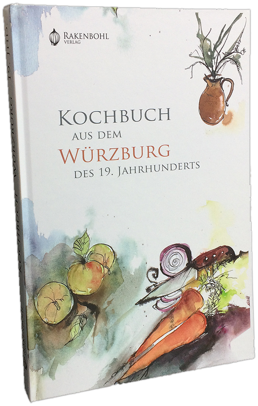 Großformatiges Kochbuch, hell, kein Hintergrund. Das Cover zeigt Aquarellen von Äpfeln, Gemüse, einem Küchenmesser und einem Tonkrug mit Blümchen.