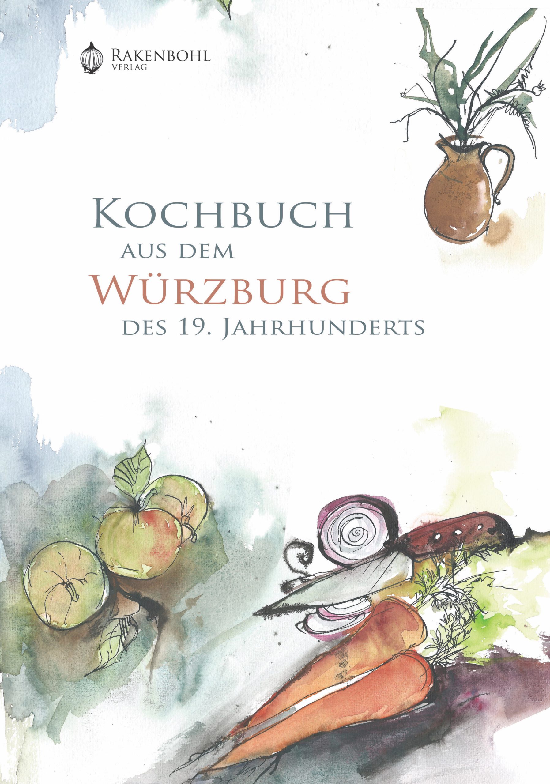 Cover des großformatigen Kochbuchs, bildfüllend. Das Cover zeigt Aquarellen von Äpfeln, Gemüse, einem Küchenmesser und einem Tonkrug mit Blümchen.